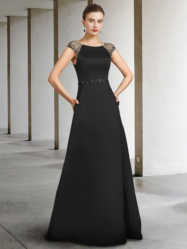 Wholesale A-Line Mother of the Bride Dress Elegant Jewel Neck Floor Length Satin Sleeveless with Sash Ribbon